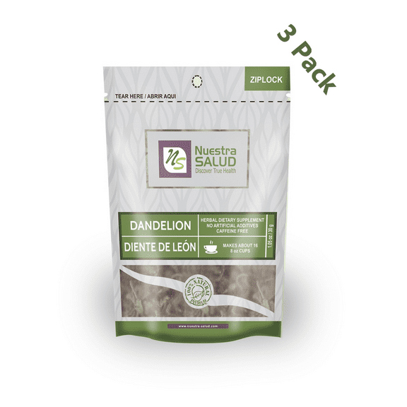 3-Pack Nuestra Salud Dandelion / Diente de Leon Tea- Herbal - No Supplement - No Additives - Caffeine Free -Loose Leaves - Full of Antioxidants, Vitamins and Minerals- Stomach Help- 1.05 oz/30 g Bag.