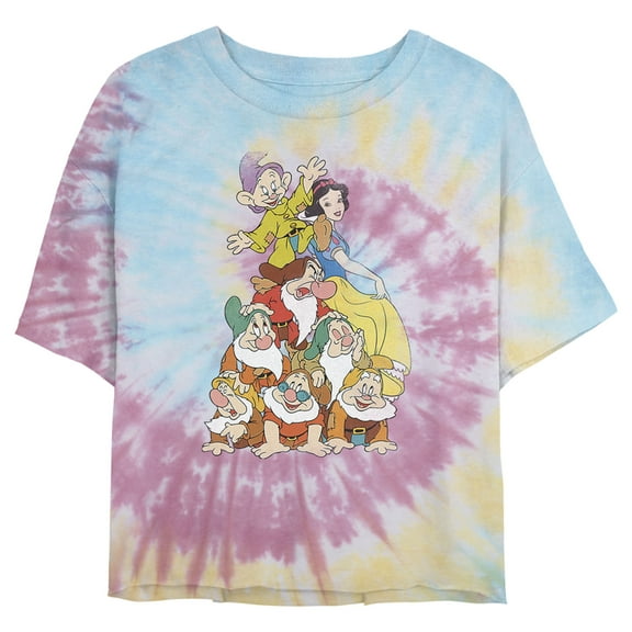 Junior's Snow White and the Seven Dwarfs Best Friends Pile Crop Graphic Tee Tie Dye X Large