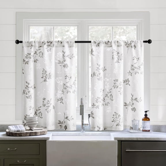 Kitchen Curtains Cafe Tier Drapes, Light Filtering Semi Sheer, White and Grey Printed Leaf Bathroom Window Drapes, 2 Panels