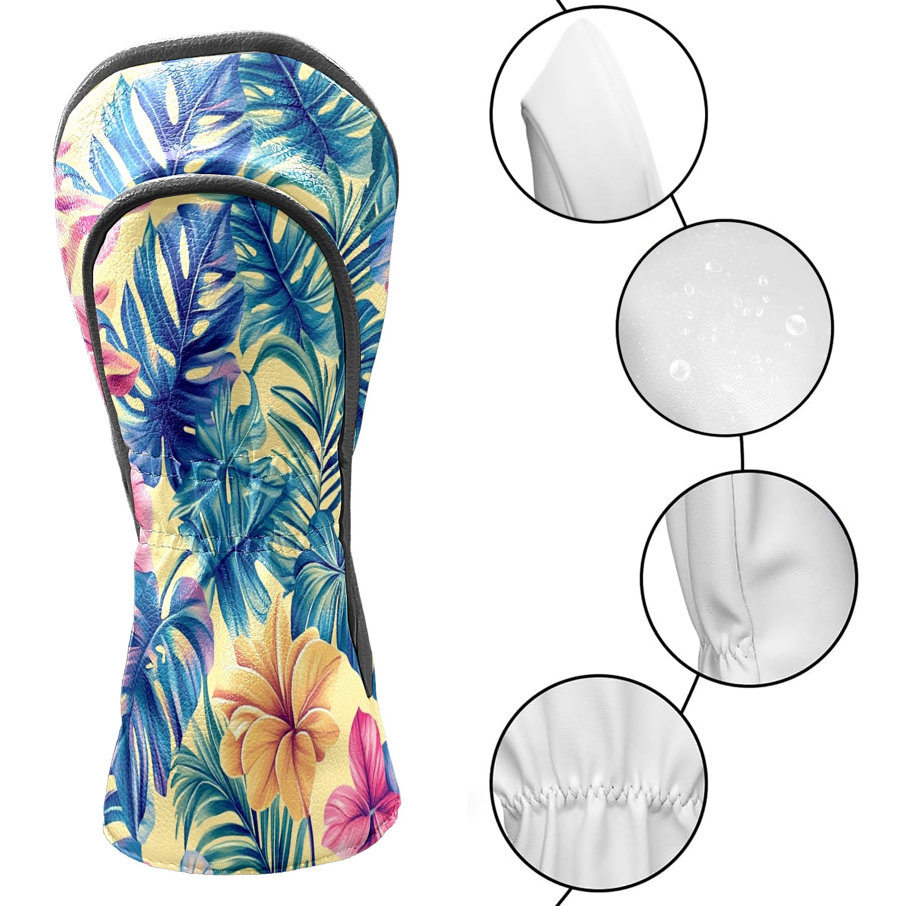 Golf Club Covers PU Leather Waterproof Head Covers for Fairway Woods Hybrids Tropical Leaves