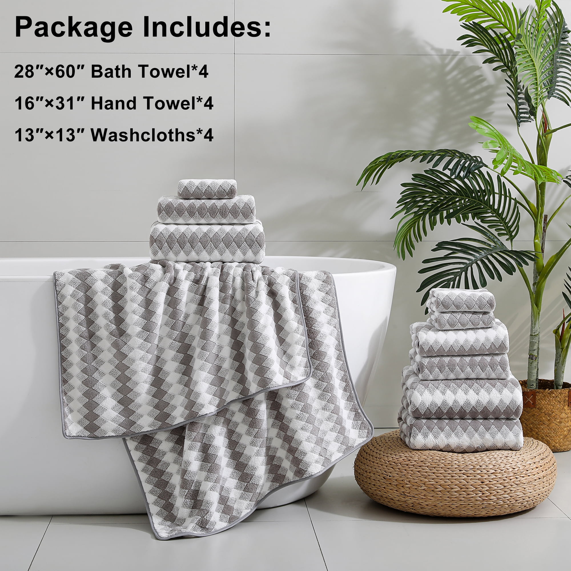 Jessy Home 12 Piece Light Gray Towel Set Soft Bath Towel for Bathroom-4 Bath Towels, 4 Hand Towels, 4 Washcloths Highly Absorbent Bath Sheet for Hotel & Spa