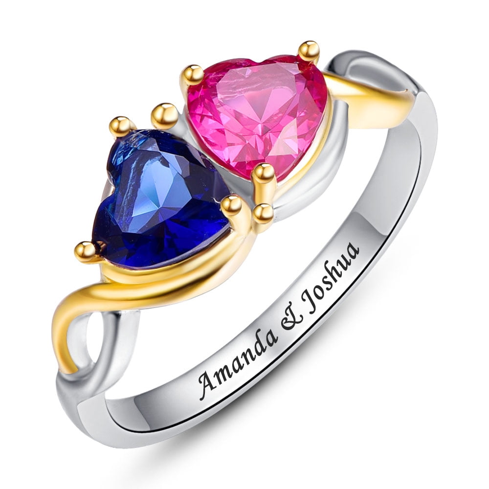 925 Sterling Silver Personalized & Custom 18K Gold Plated Ring with 2 Heart Cut Simulated Birthstones