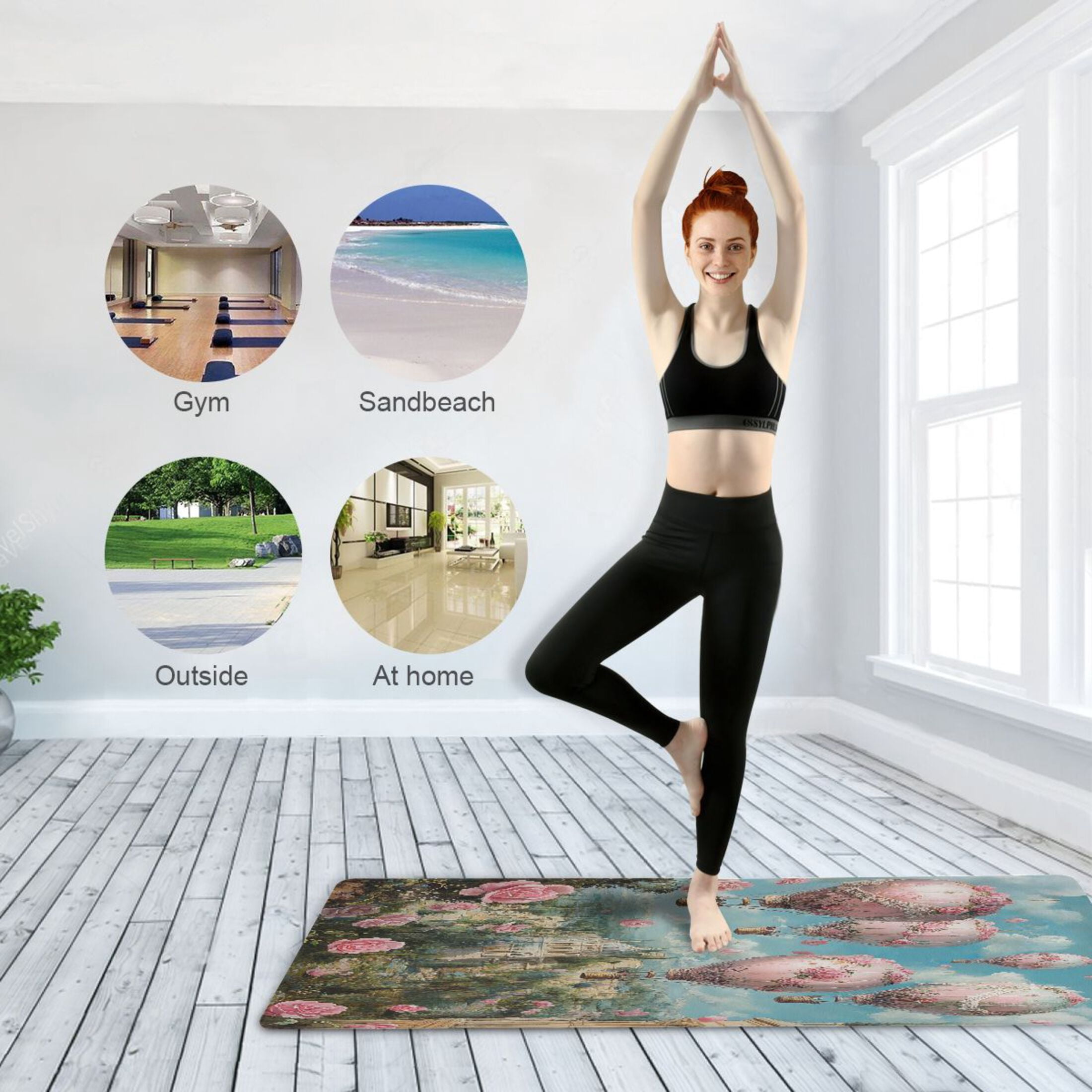BZSMCE Yoga Mat Women Pink Hot Air Balloons Roses Fitness Mat