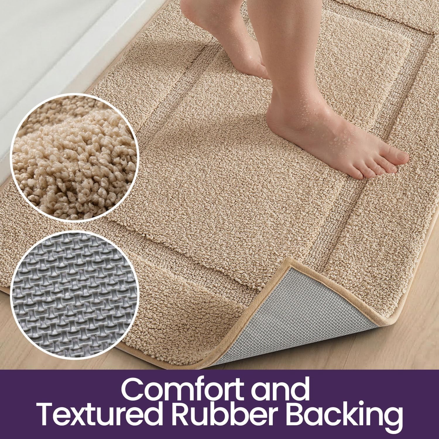 Bathroom Rugs 32x20, Washable Non Slip Bath Mat for Shower Floor, Absorbent Quick Dry Bathmat with Rubber Backing, Ultra Soft Plush Carpet for Tub, Beige