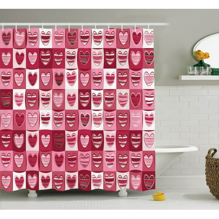 Heart Bathroom Accessories Love Decor Shower Curtain Set, Hearts For Valentine Checked Pattern Square Geometric Vintage Artistic, Bathroom Accessories, 69W X 70L Inches, By Ambesonne ()
