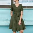 thumbnail image 2 of QIPOPIQ Robes pour Femmes avec Poches Manches Courtes Robes Décontractées Col en V Robe d'Été Unie Ceinture à la Taille Robes Offres 2023, 2 of 6