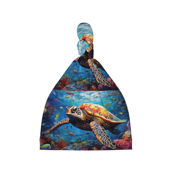 Naloa Colorful Underwater Sea Turtle Baby Newborn Hats, Infant Knotted Baby Hat, Beanie Top Knot Caps for Baby Boys Girls