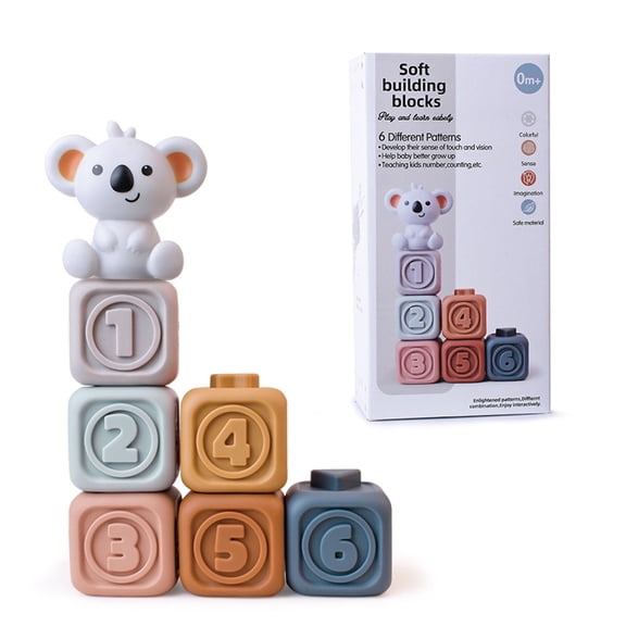 BUTOMKY 6PCS Silicone Soft Baby Blocks - Montessori Teething & Stacking Toys, Educational Squeeze Play with Numbers/Animals/Shapes, Ideal for 6 Months Toddlers