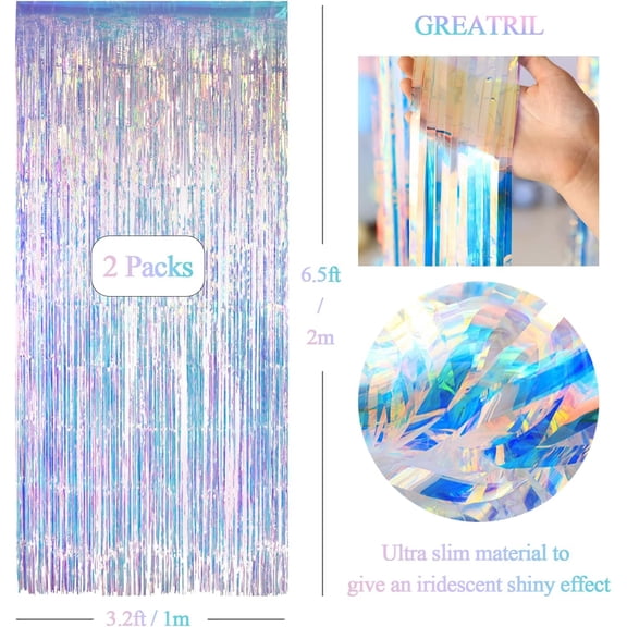 2 PCS Iridescent Party Streamers Backdrop Curtain, Neon Transparent Holographic Tinsel Foil Fringe Photo Booth Background Decor for Mermaid Frozen Sea Euphoria ERAS Theme, 3.2ft x 6.5ft