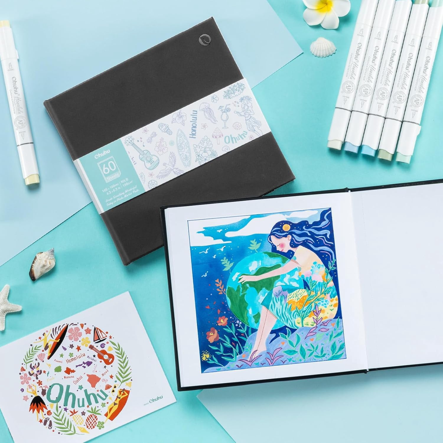 Ohuhu Double-Sided Marker Pad, 8.3"x8.3",60 Sheets/120 Pages, 90 lb/150 GSM Smooth Paper, Hardcover Sketchbook for Alcohol Markers & Paints