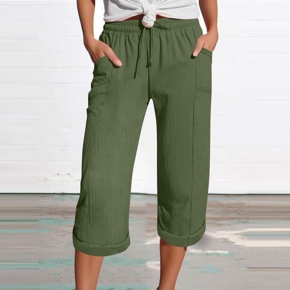 Qulqfy Capris Pants for Women Wide Leg Green Casual Cotton Linen Beach Vacation Capris High Waisted Summer Pants with Pockets Loose Pants for Women L