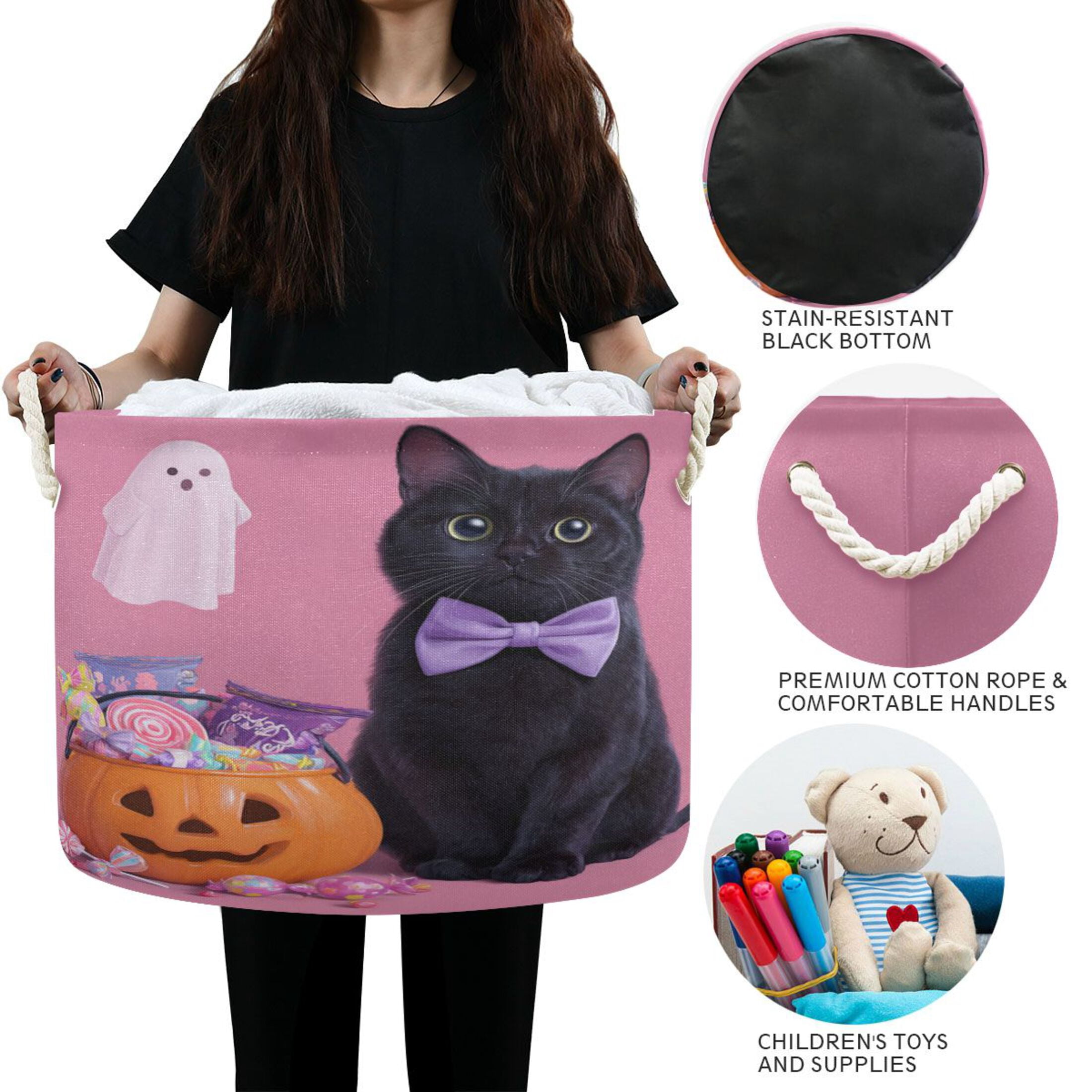 Round Toy Storage Basket Foldable Storage Basket for Home Decor Laundry Basket20" x 14" Bow Tie Black Cat