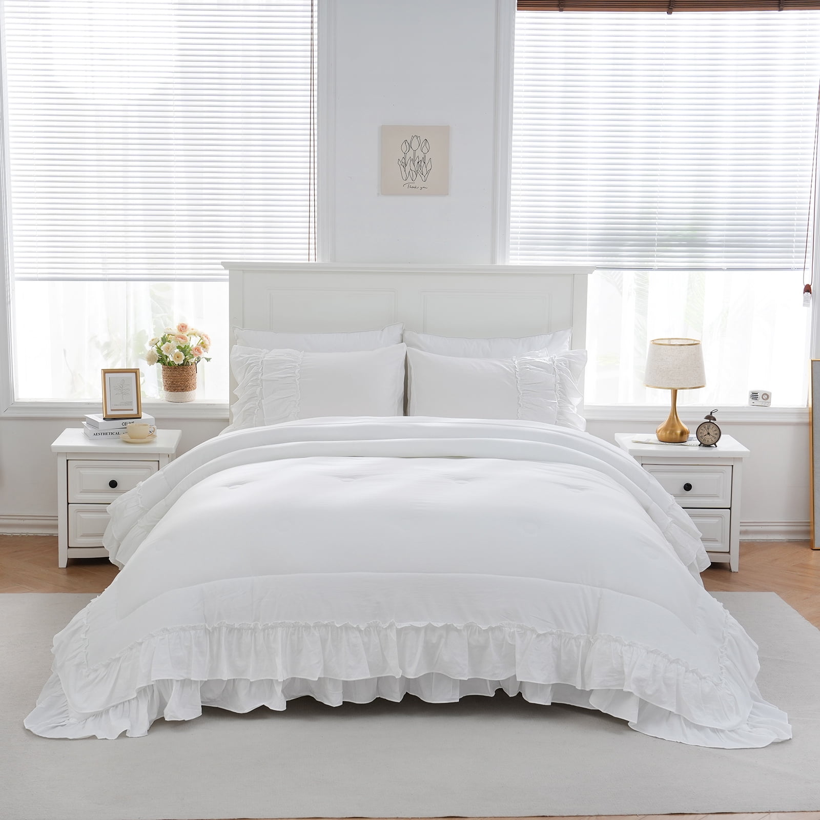 Move Over White Ruffle Comforter Set Queen Boho Bedding Sets 2 Layers White Long Ruffled Pattern Microfiber Filling Farmhouse Duvet