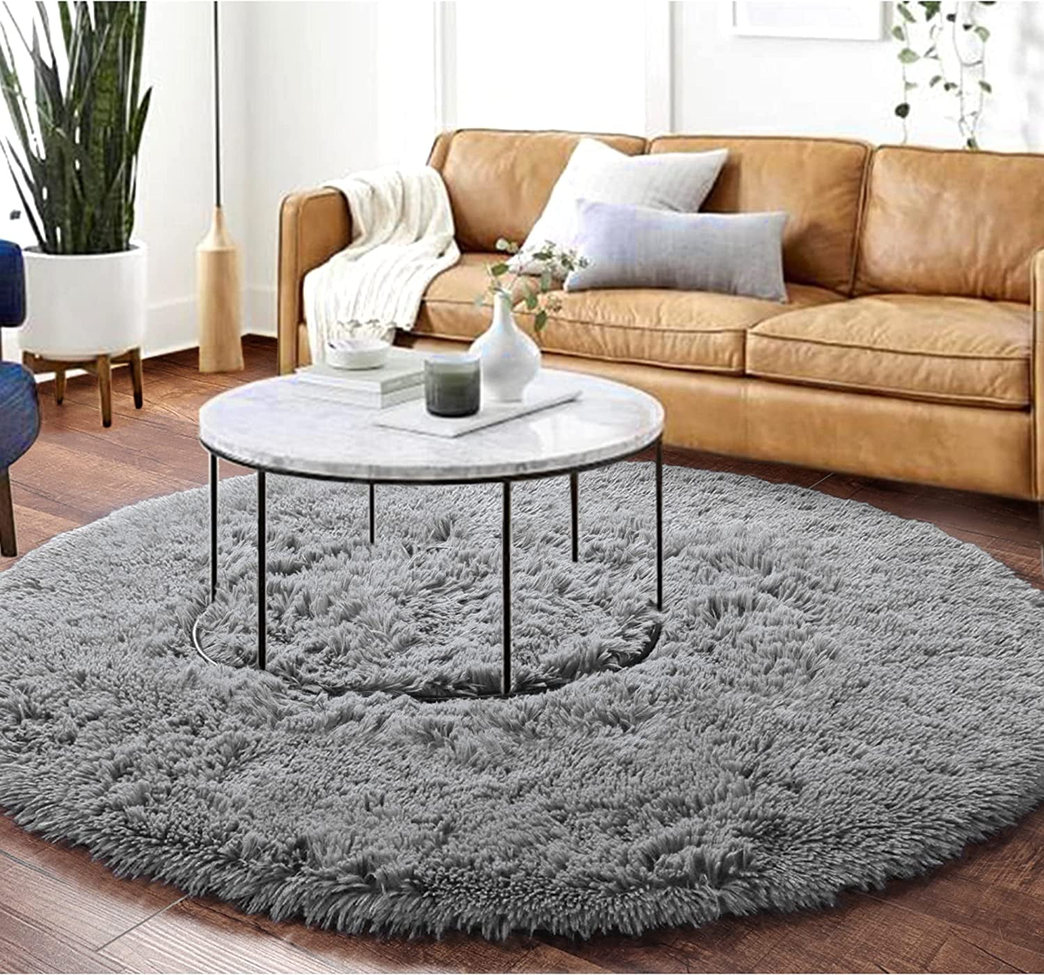 Sanmadrola Round Area Rug for Bedroom Fluffy Circle Rug 5.2'X5.2' for Kids Room Furry Carpet for Girls Bedroom Shaggy Circular Rug for Nursery Room Fuzzy Plush Rug Dorm Cute Room Decor for Baby Gray