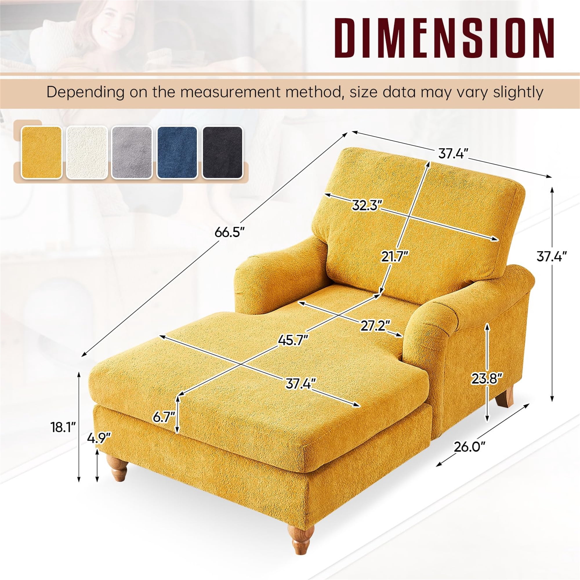 Aukfa Modern Oversized Chaise with Adjustable Backrest, Sleeper Chair Sofa Recliner for Living Room, Yellow