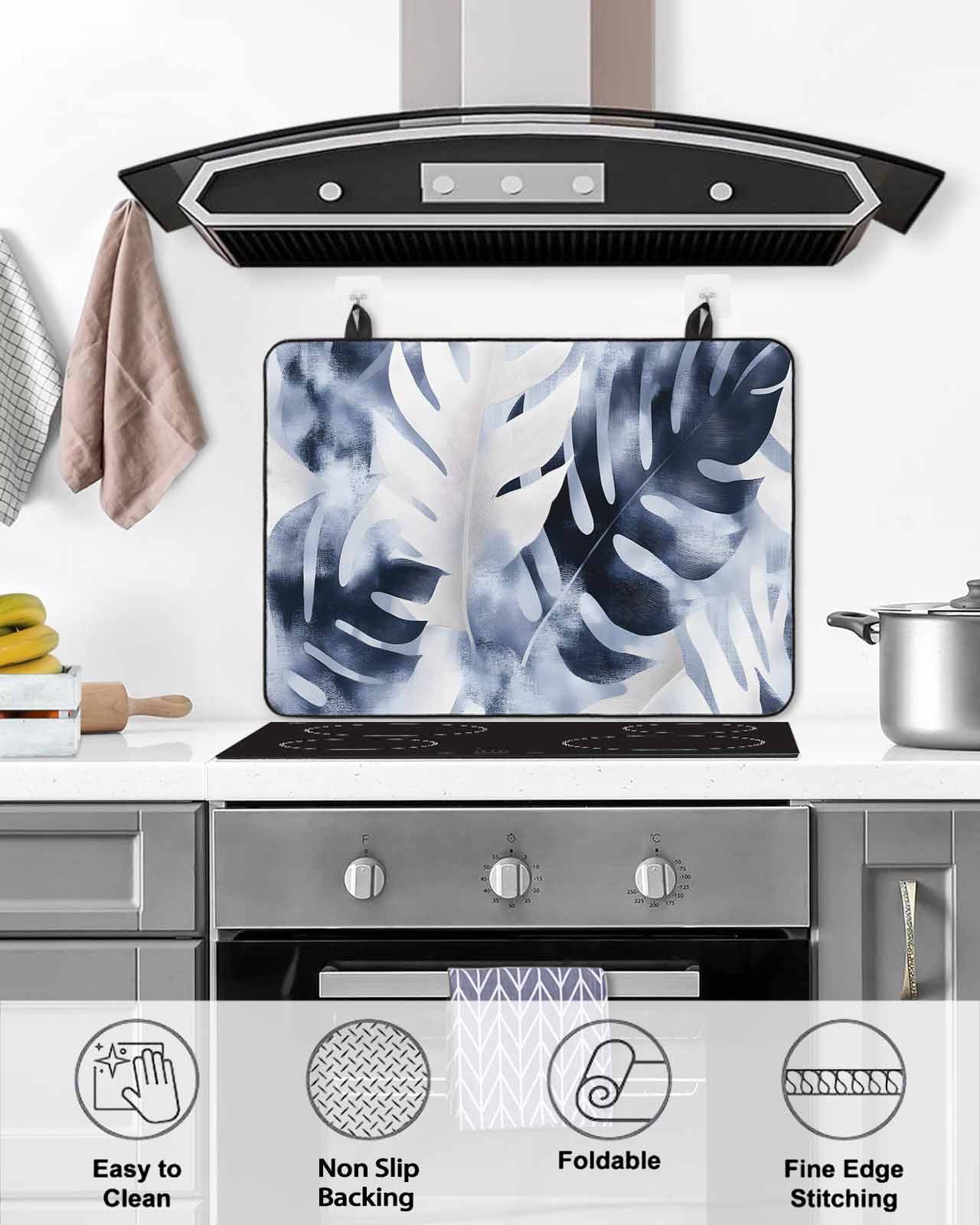 nqOlkjepod Large Induction Cooktop Protector Mat 36"x21", Navy Blue Palm Leaves Stove Top Covers for Electric Stove, Tropical Botanical Vintage Stove Burner Cover Mats, Glass Top Stove Cover