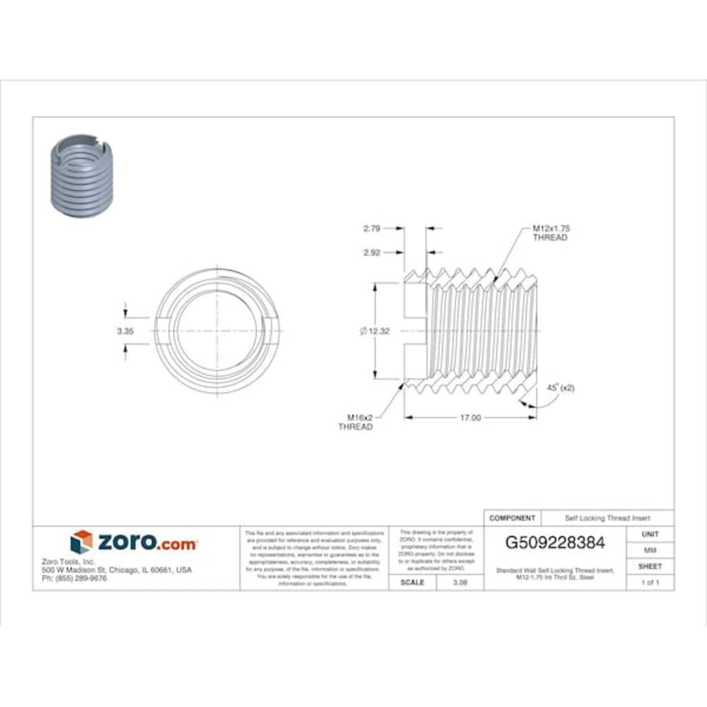 Standard Wall Self Locking Thread Insert, M12-1.75 Int Thrd Sz, Steel EZ-450-12