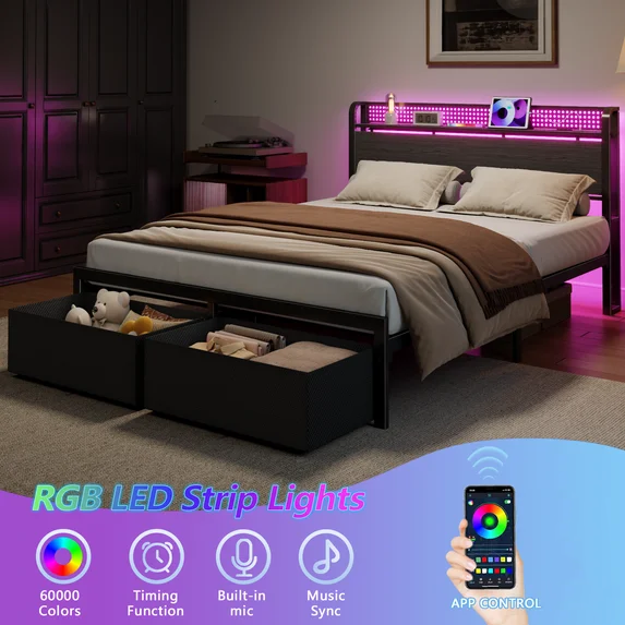 Satifur Queen Bed Frame with Storage Drawers and Charging photo 2