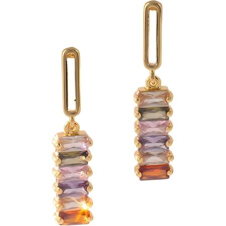 Leander Rainbow Zircon Dangle Earrings for Women, 18K Gold Plated Geometric Square CZ Drop Earrings, S925 Sterling Silver Post Hypoallergenic Multicolor Crystal Jewelry Gift