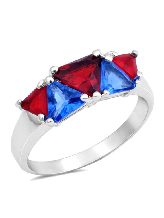 Simulated Garnet Vibrant Triangle Alternating Ring .925 Sterling Silver Band Red CZ Female Size 7