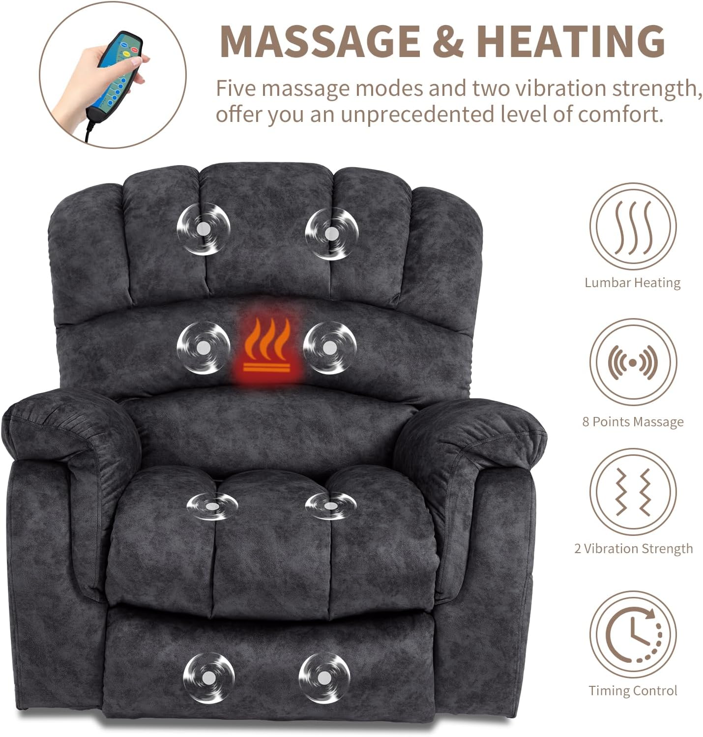 EPICOZY Large Power Lift Recliner Chair for Elderly Big Tall Man, Overstuffed Heated Massage Wide Electric Recliners with Extended Footrest, 2 Remote Controls, Side Packets & USB Ports, Fabric Grey