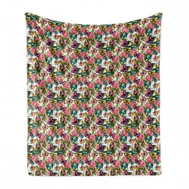 Dusty Blue Soft Flannel Fleece Throw Blanket, Vibrant Tender Camellia Flowers and Butterflies with Leaves Tropical Feels, Cozy Plush for Indoor and Outdoor Use, 60" x 80", Multicolor, by Ambesonne