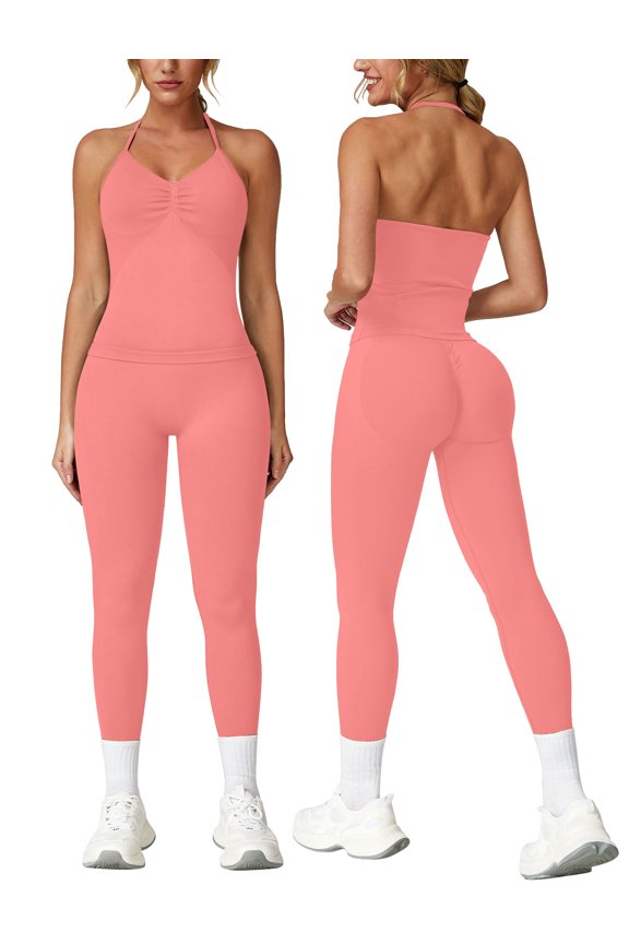 Workout Sets for Women Seamless Scunch Butt Lifting Impact Leggings Longline Strappy Halter Sports Bra Top 2 Piece Gym Active Outfits