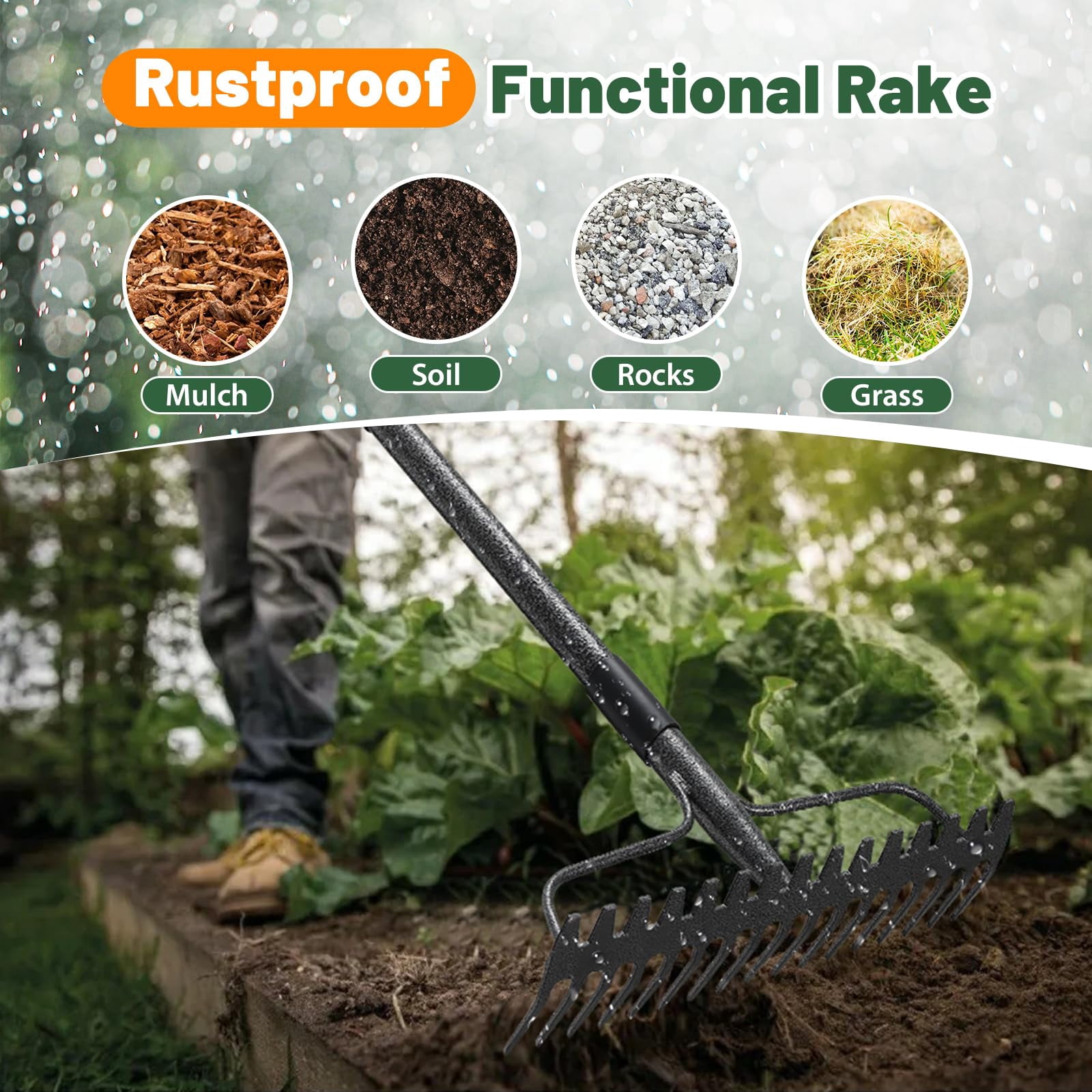 Garden Rake, 63 Inch Long Handle with 17 Tongs, Heavy Duty Metal Bow Rake for Loosening Leveling Soil, Garden Leaf Rake for Raking Leaves Grass , Weeding, Metal Yard Thatch Lawn Care Garden Tool
