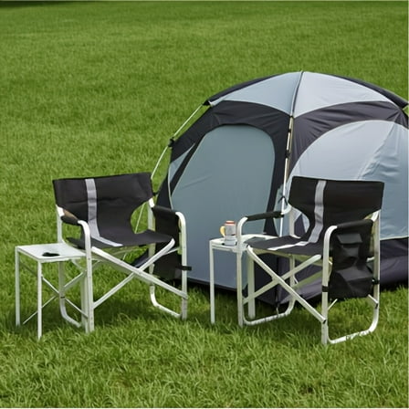 2-piece Padded Folding Outdoor Chair with Side Table and Storage Pockets,Lightweight Oversized Directors Chair for indoor, Outdoor Camping, Picnics and Fishing,Black/Grey