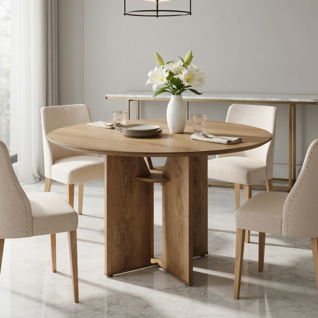 Hommoo 39.37 Inch Round Dining Table with Lower Storage Shelf, Modern Farmhouse Wood-Look Kitchen Table for 2-4 People, Natural