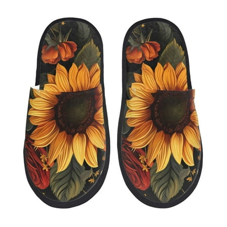 Balery Sunflower Floral Butterfly Slient Indoor Furry Fleece Comfort House Shoes Soft Non-Slip Home Shoes Cotton slippers House Slippers-- Large