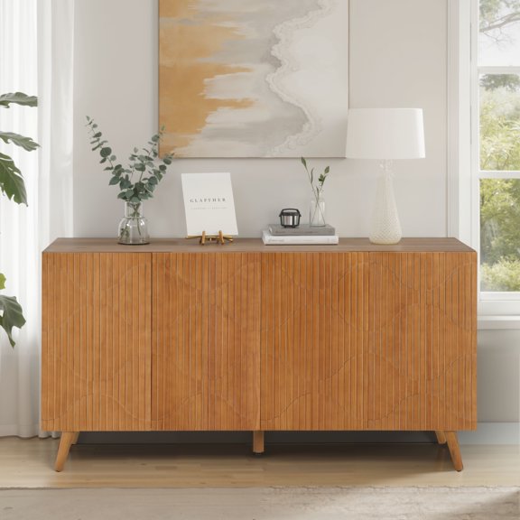 Christopher Knight Home 59.8" Sideboard with 4 Doors and Adjustable Shelves, Fluted Storage Cabinet, Walnut