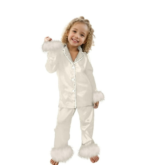 Santa Pajamas Girls Pajamas Size 8 Pajama Set for Kid Baby Boy Girl Button-up Silk Pajama Sleepwear Nightwear Loungewear Clothes Set Gifts for Kids Beige 3-4 Years
