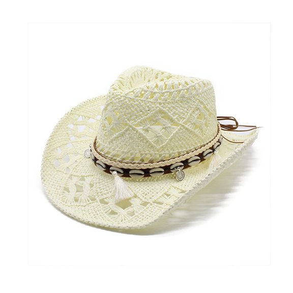 Fgnfyis Women Men Summer Western Cowboy Hat Shapeable Straw Sun Hat with Hollow Design for Outdoor Activities Light Yellow One Size