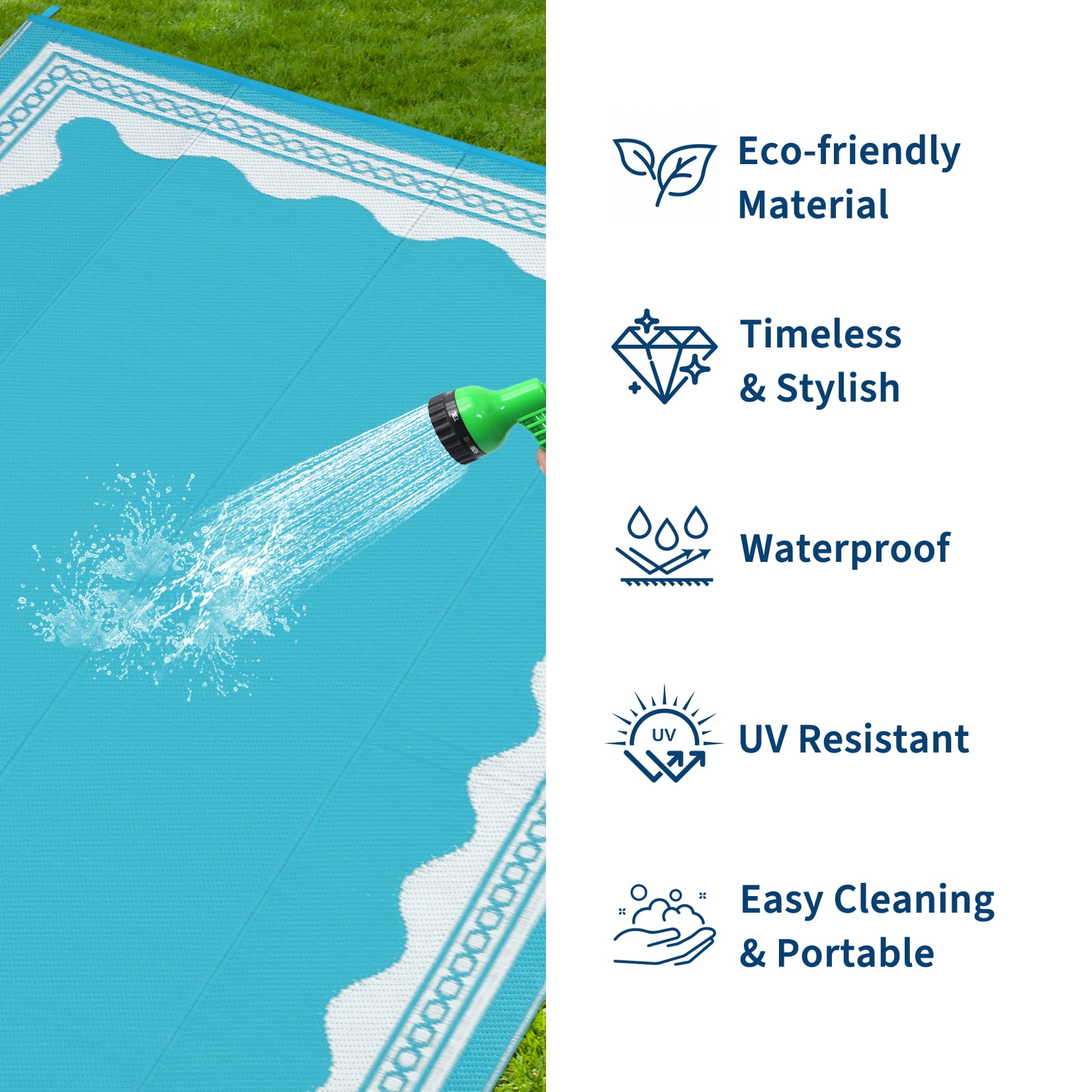 HIWEAVER Light Blue 9'x 12' Outdoor Rug Garden Decor Scolloped Bordered Carpet Plastic Straw Waterproof Reversible Patio Area Rug for Balcony Deck Picnic Portable Camping Mat