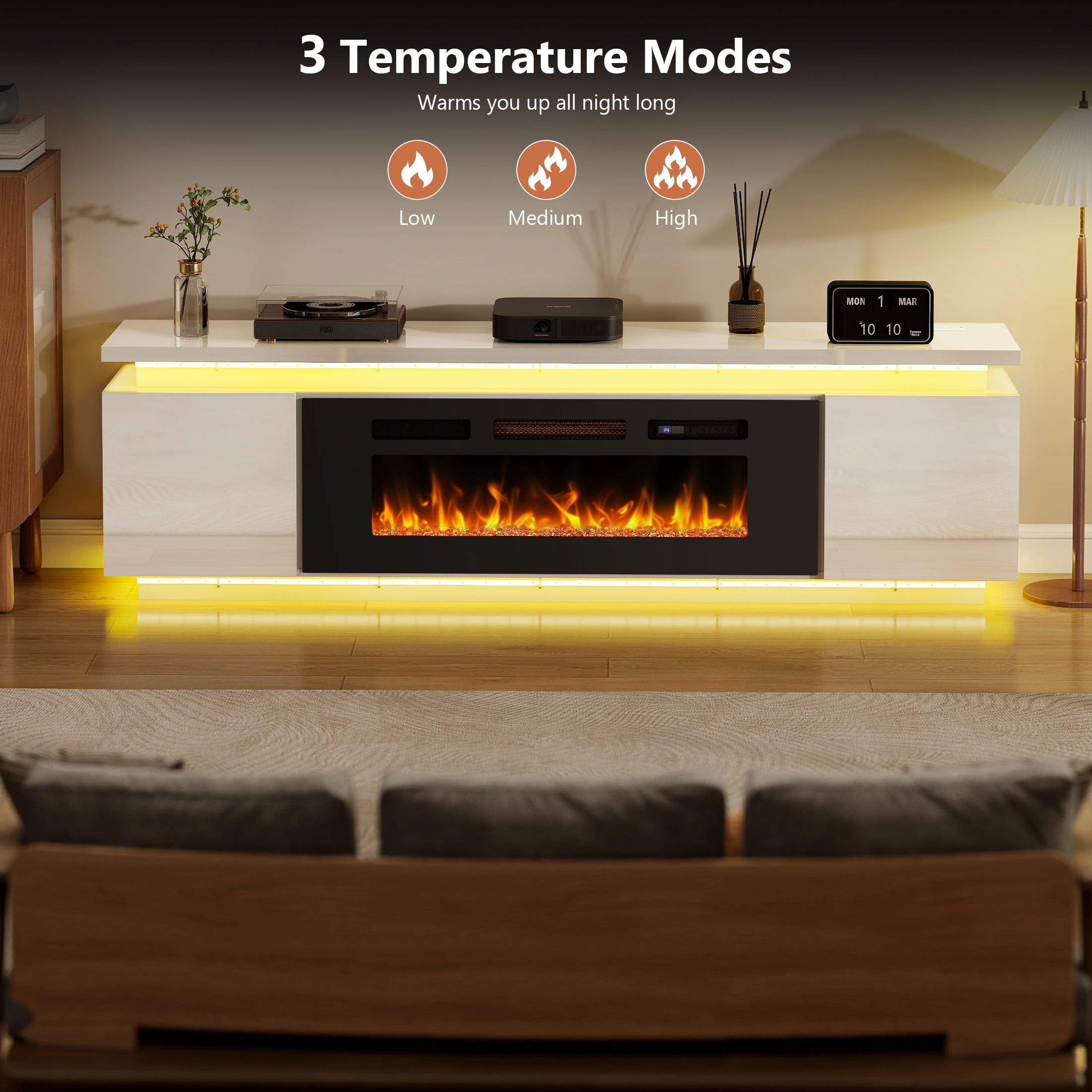 Anrist Electric Fireplace TV Stand for TVs up to 80" with LED Lights & 4 AC Power Outlets, TV console for Living Room, White, Ship in 2 Boxs