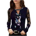 thumbnail image 1 of Moda mujer Casaul estampado manga larga encaje ahueca hacia fuera diamantes de imitación camiseta Tops Fridja  hkj431, 1 of 8