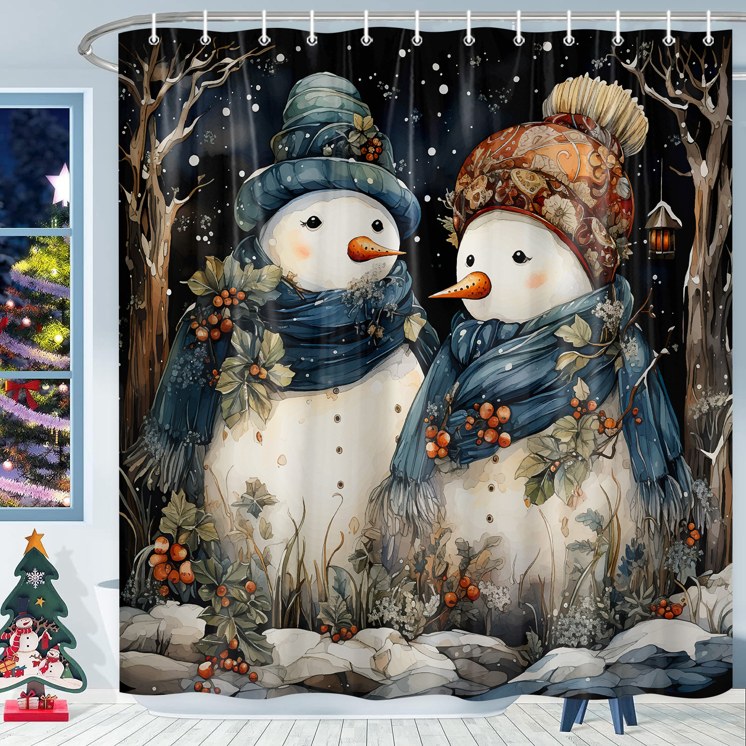 Merry Christmas Fabric Shower Curtain, Winter Snowman Shower Curtain Sets with Hooks, Xmas Snowman in Snowy Forest Waterproof Bathroom Accessories Decor 70X70in