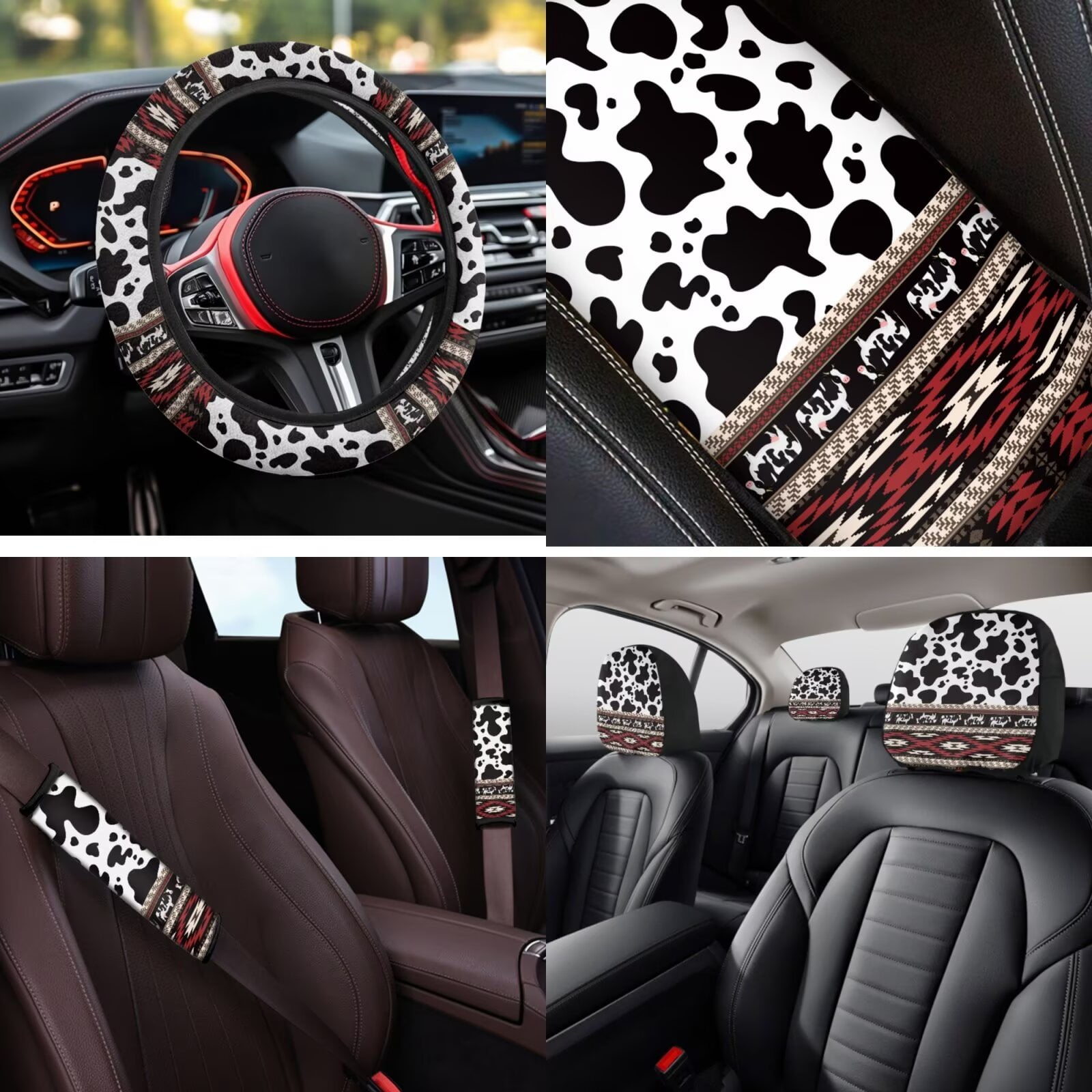 Garronmavis Aztec Cow Print 14 Pcs Car Seat Covers Set with Car Headrest Protector Steering Wheel Cover Arm Rest Cover Auto Seat Belt Covers Keychain and Cup Coaster Fit for Most Cars, SUV