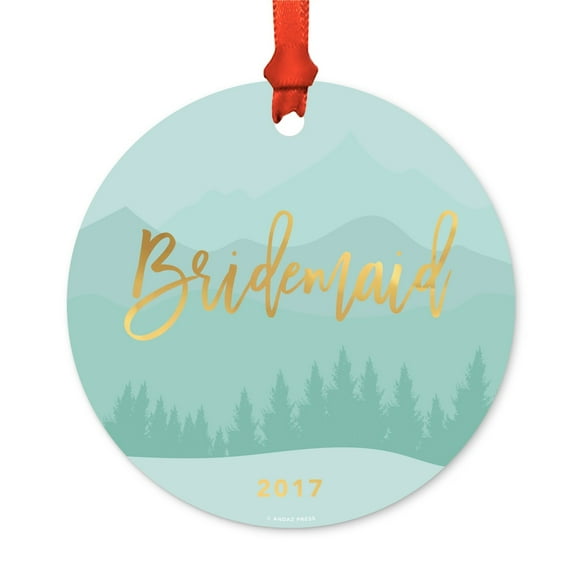 Metal Christmas Ornament, Bridesmaid 2017, Winter Wonderland Forest, Includes Ribbon and Gift Bag