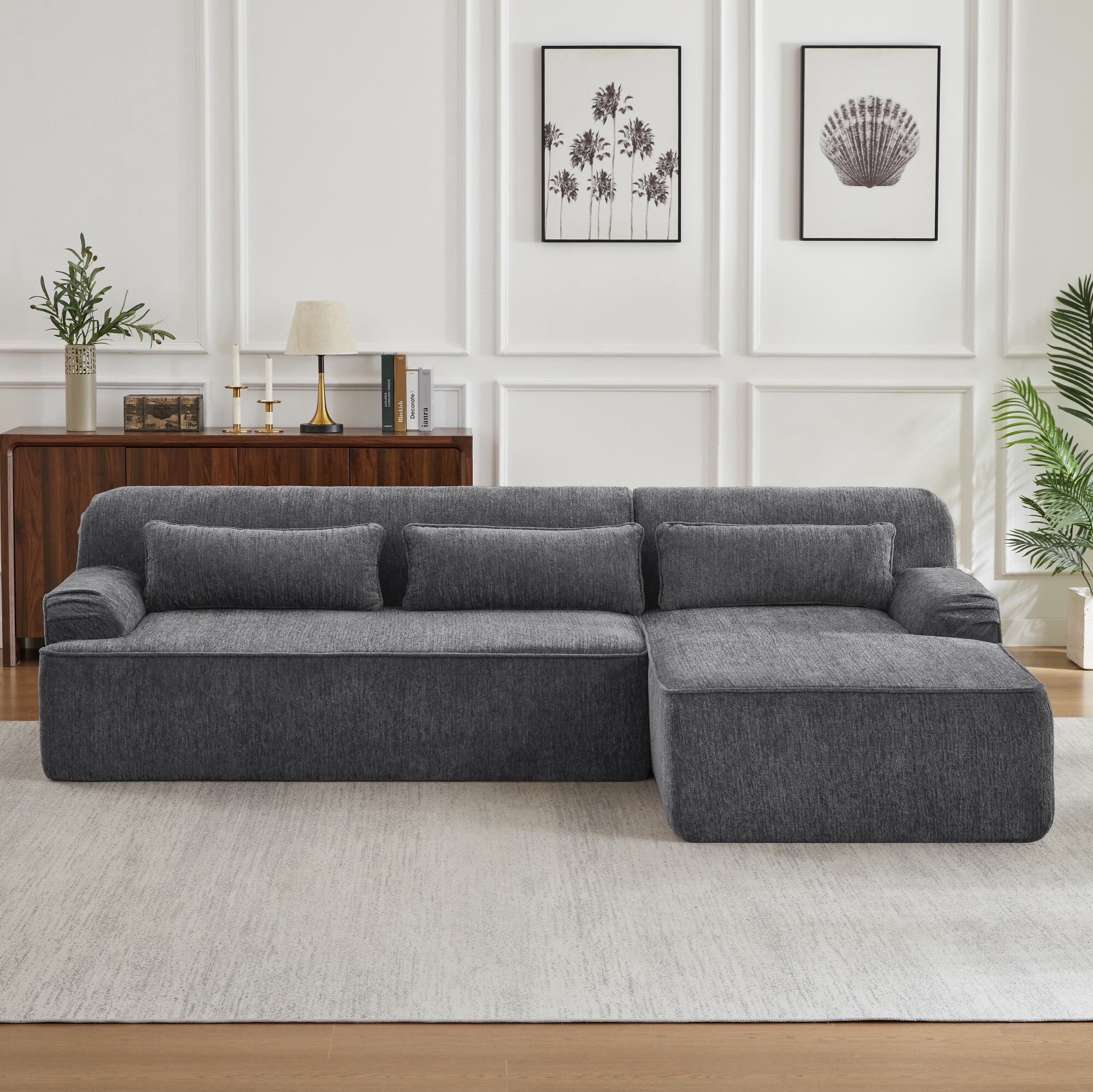 DEALTOPS Convertible L-Shaped Sectional Sofa with Right Chaise – Chenille & Foam Material, Storage Pockets, Gray