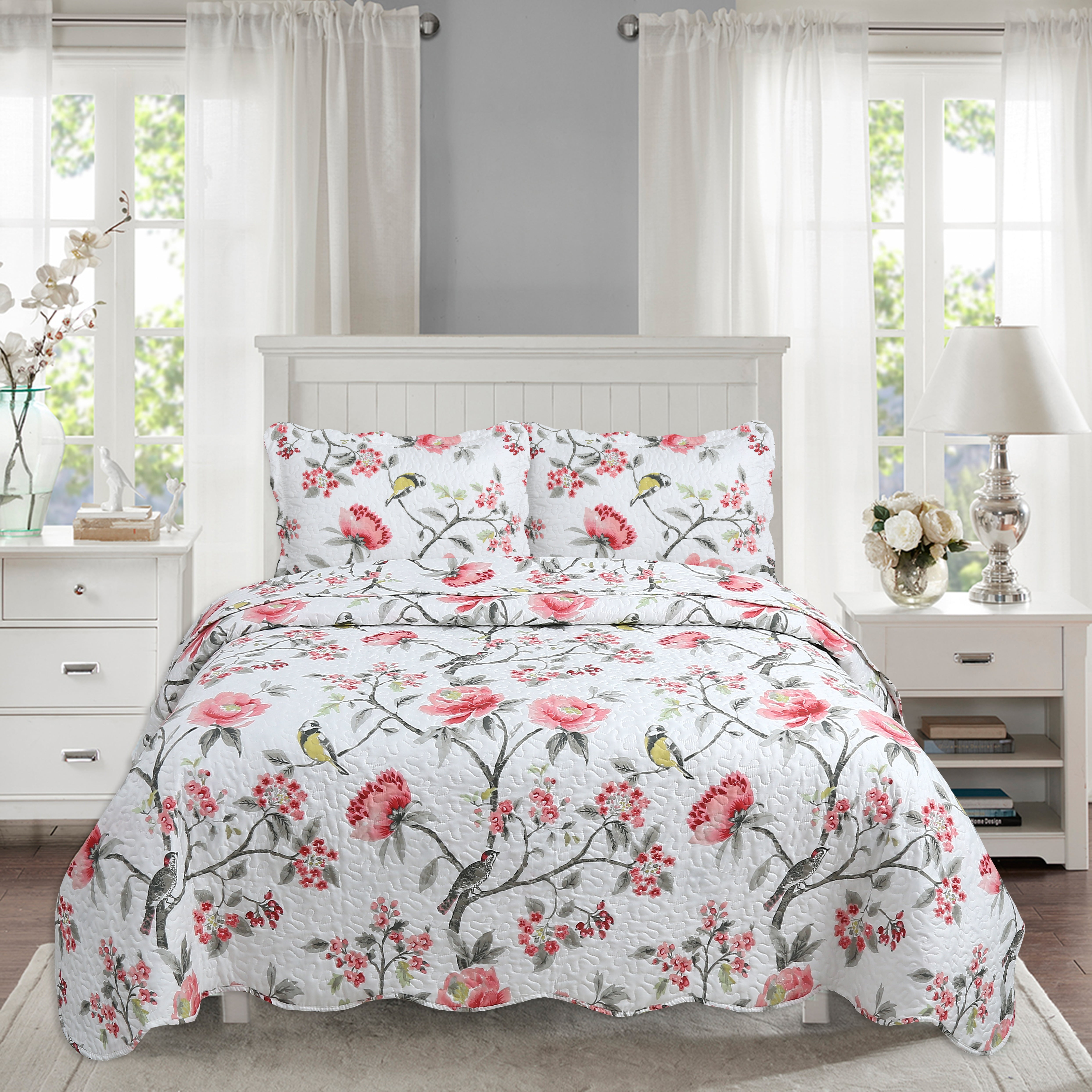 Marina Decoration Couvre-lit imprimé riche, couvre-lit ultra doux pour l'été, ensemble de literie avec taie d'oreiller matelassée, motif floral rose et oiseaux