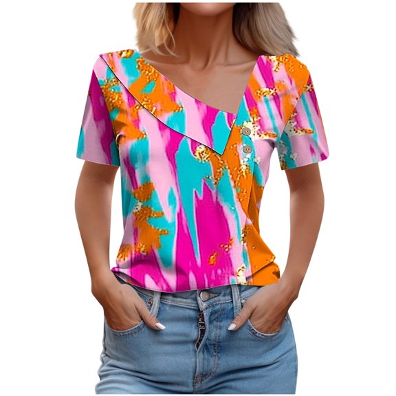 Women's Blouses Tops Summer Short Sleeved Dressy T-Shirts Button Decoration V Neck Shirts Fashion Checkered Printed Blouse Casual Loose Pullover Top