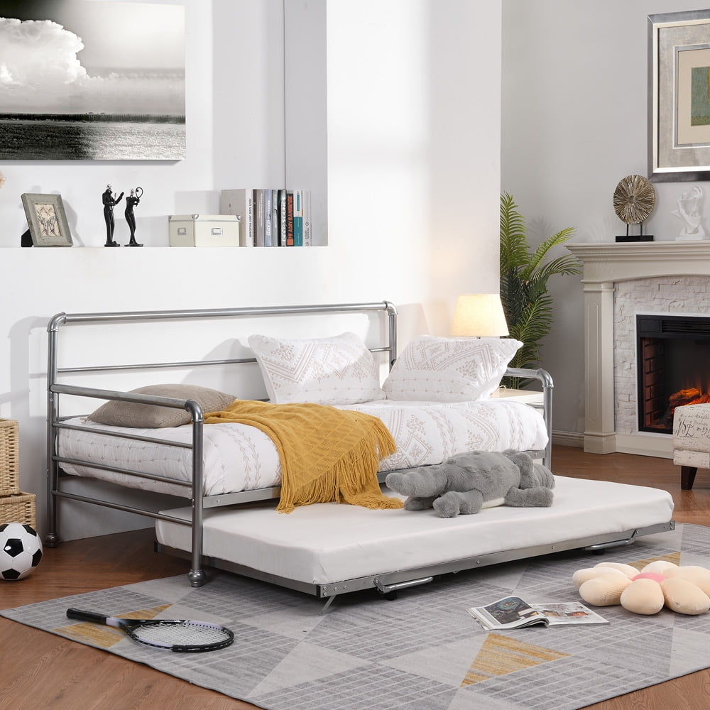 Daybeds with Trundle, Twin Metal Daybed Frame with Adjustable Pop Up