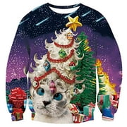 RAISEVERN Ugly Christmas Sweater for Men Women Funny Xmas Cat Tree Sweatshirt Holiday Festive Long Sleeve Winter Galaxy Ball Pullover Top