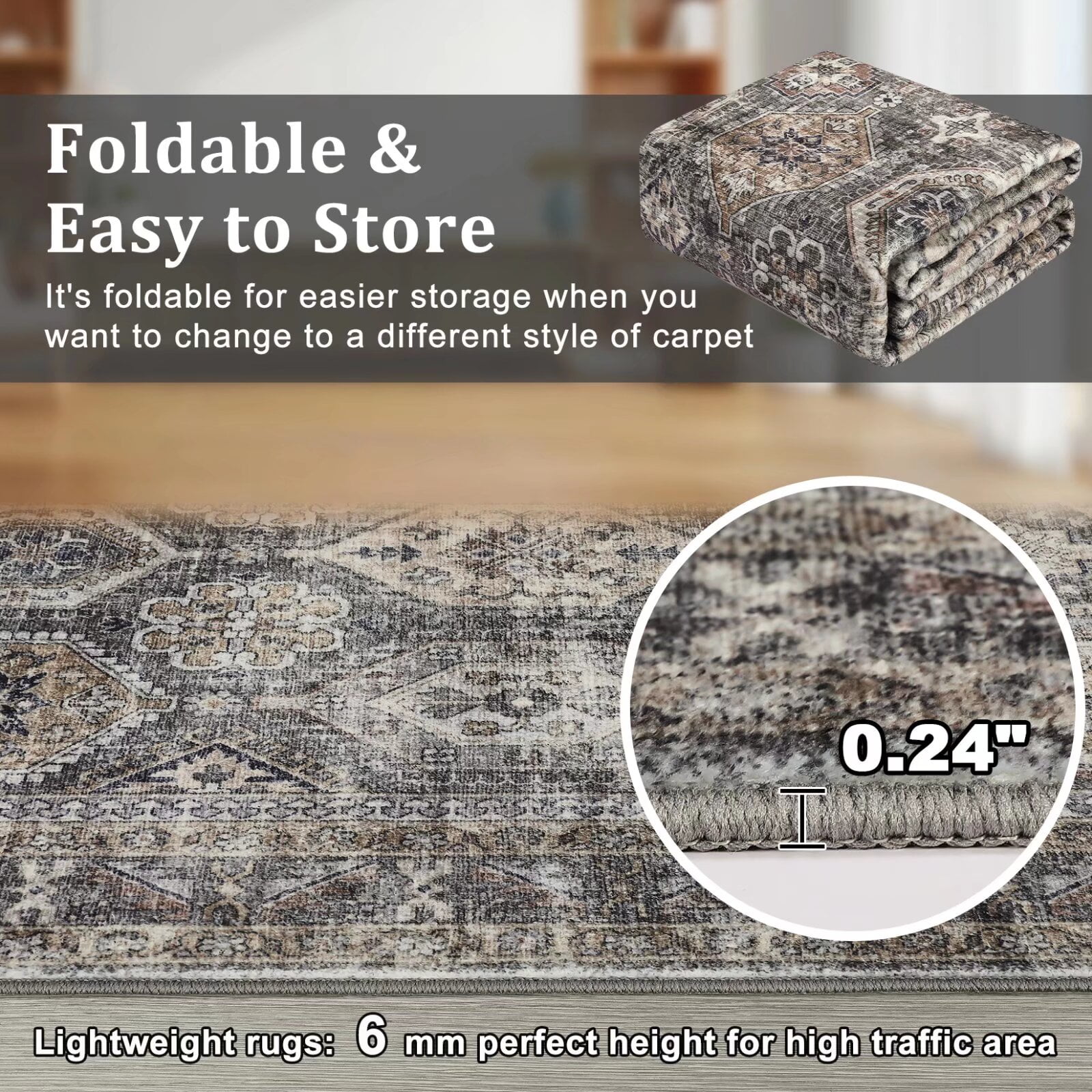 Hasoo Indoor Washable Area Rug 9' x 12' Floral Rugs for Living Room Geometric Throw Floor Mats Non-Slip Accent Carpet Grey/Brown