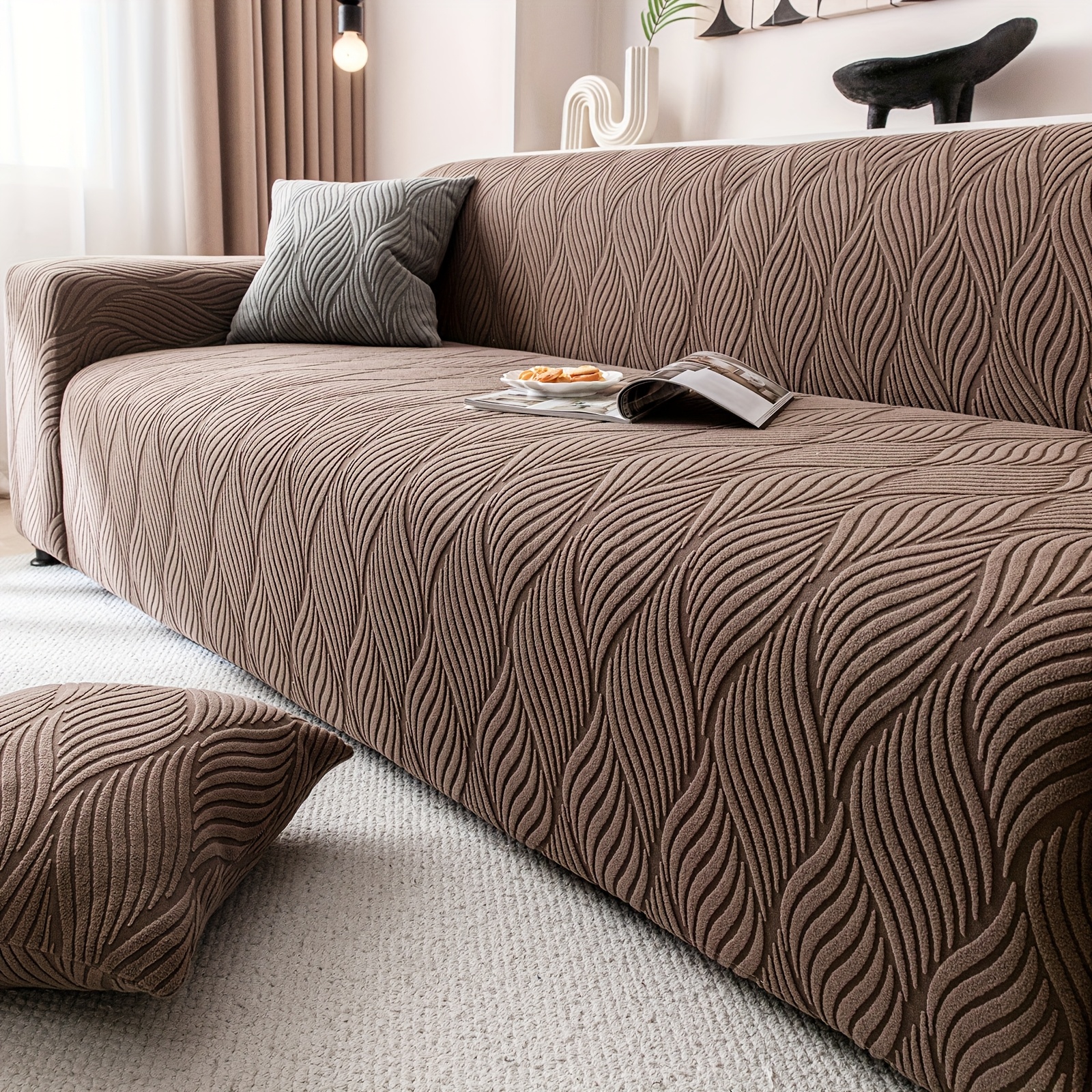 1pc Art Leaf Jacquard Sofa Cover - One-Piece Full Coverage Stretch Sofa Protector with Elastic Jacquard, Non-Slip Pet-Friendly Design for Sectional Sofas,Modern Home Decor (Includes Bonus Pillowcase)