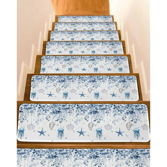 Blue Coastal Stair Treads for Wooden Steps Indoor Runner Rug Carpet, Summer Eucalyptus Leaves Beach Ocean Starfish Nautical 10 Pieces Peel and Stick Staircase Step Treads Covers Door Mats 30"x8"