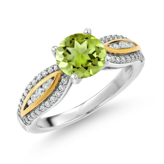 Gem Stone King 925 Silver and 10K Yellow Gold Green Peridot and White Lab Grown Diamond Engagement Ring for Women | 1.70 Cttw | Round 7MM | Gemstone August Birthstone | Size 5