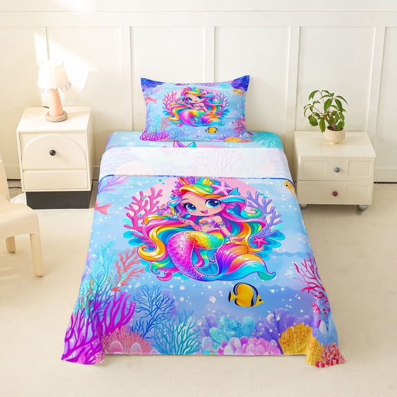 Erosebridal Watercolor Cartoon Mermaid Twin Sheet Sets,Ocean Animals Bedding For Girls Kids 3-Piece